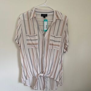 Fortune+Ivy from stitch fix Woman’s Striped Button-Down Blouse - Beige and Gray